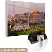 MuchoWow® Glasschilderij 60x40 cm - Schilderij acrylglas - Tempel - Griekenland - Berg - Foto op glas - Schilderijen