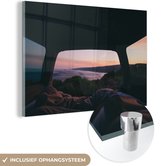 MuchoWow® Glasschilderij 150x100 cm - Schilderij acrylglas - Bus - Zonsondergang - Lucht - Foto op glas - Schilderijen