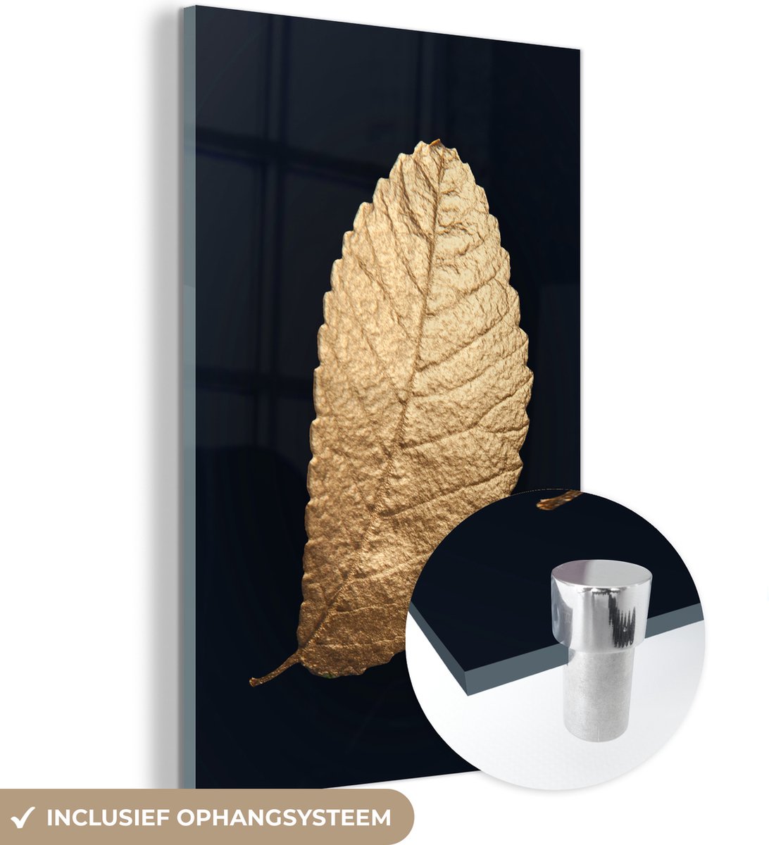 MuchoWow® Glasschilderij 40x60 cm - Schilderij acrylglas - Blad - Boom - Black and gold - Foto op glas - Schilderijen