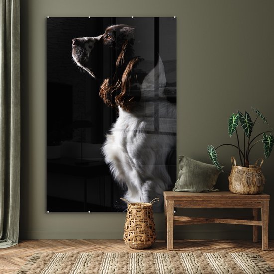 MuchoWow® Peinture sur verre 120x180 cm - Peinture sur verre acrylique - Épagneul Springer sur fond noir - Photo sur verre - Peintures