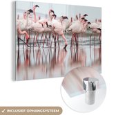 MuchoWow® Glasschilderij 90x60 cm - Schilderij acrylglas - Kudde flamingo's in het water - Foto op glas - Schilderijen