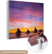 MuchoWow® Glasschilderij 20x20 cm - Schilderij acrylglas - Zonsondergang met zeilboten bij het strand van Boracay - Foto op glas - Schilderijen