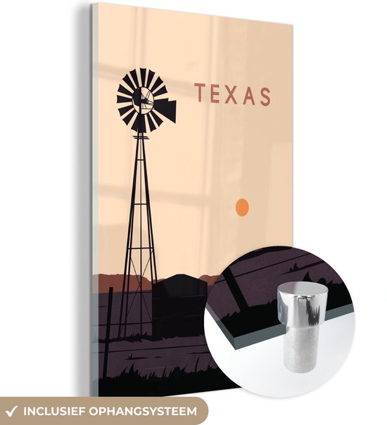 MuchoWow® Peinture sur verre 120x180 cm - Peinture sur verre acrylique - Moulin à vent - Texas - USA - Illustration - Amérique - Photo sur verre - Peintures