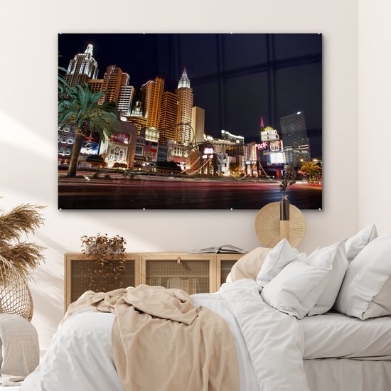 ® Glasschilderij 150x100 cm - Schilderij acrylglas - Strip - Las Vegas - Straat - Foto op glas - Muurdecoratie woonkamer - Wanddecoratie slaapkamer - Schilderijen