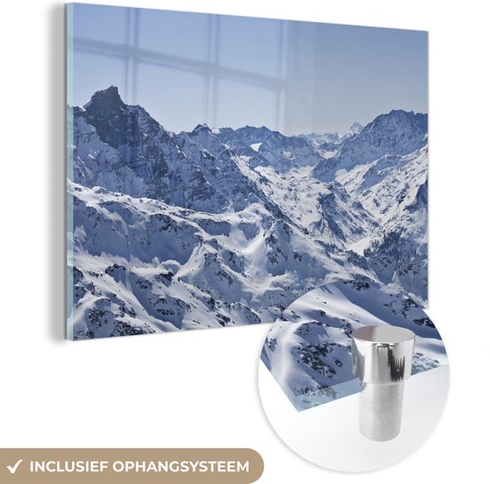 MuchoWow® Glasschilderij 150x100 cm - Schilderij acrylglas - Alpen - Berg - Sneeuw - Foto op glas - Schilderijen