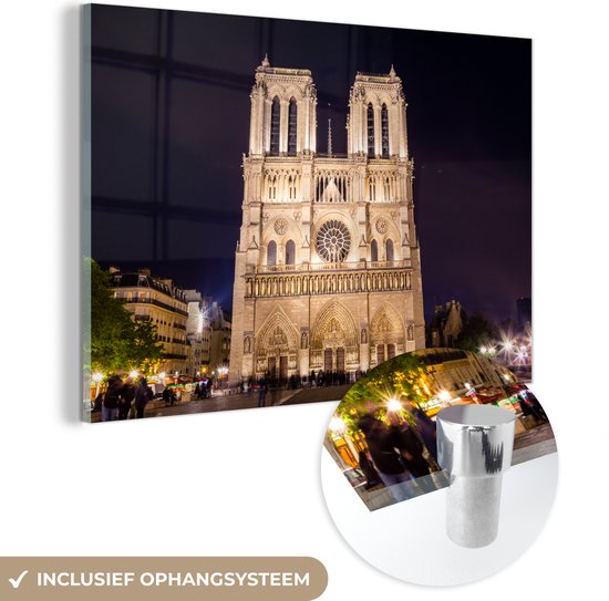 MuchoWow® Glasschilderij 150x100 cm - Schilderij acrylglas - Parijs - Notre Dame - Nacht - Foto op glas - Schilderijen