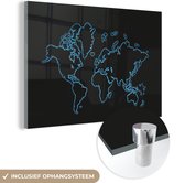 MuchoWow® Glasschilderij 150x100 cm - Schilderij acrylglas - Wereldkaart - Topografie - Blauw - Foto op glas - Schilderijen