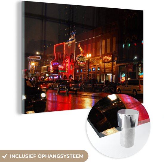 MuchoWow® Glasschilderij 150x100 cm - Schilderij acrylglas - Broadway - Nashville - Neon - Foto op glas - Schilderijen