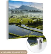 MuchoWow® Glasschilderij 90x90 cm - Schilderij acrylglas - Indonesië - Rijst - Mist - Foto op glas - Schilderijen