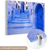 MuchoWow® Glasschilderij 180x120 cm - Schilderij acrylglas - Blauwe huizen in Marokko - Foto op glas - Schilderijen