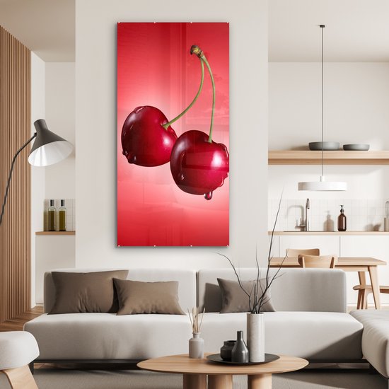 MuchoWow® Glasschilderij 80x160 cm - Schilderij acrylglas - Kersen - Fruit - Rood - Foto op glas - Schilderijen