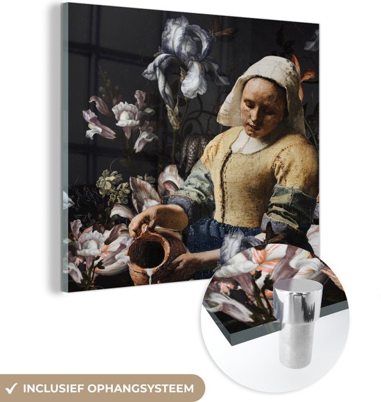 MuchoWow® Glasschilderij 90x90 cm - Schilderij acrylglas - Melkmeisje - Johannes Vermeer - Bloemen - Foto op glas - Schilderijen