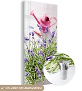MuchoWow® Glasschilderij 40x80 cm - Schilderij acrylglas - Gieter - Bloemen - Lavendel - Foto op glas - Schilderijen