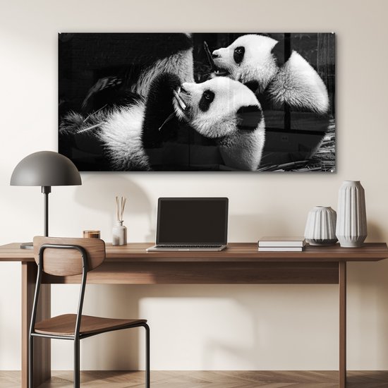 MuchoWow® Peinture sur verre 120x60 cm - Peinture sur verre - Pandas - Zwart - Wit - Photo sur verre acrylique - Peintures
