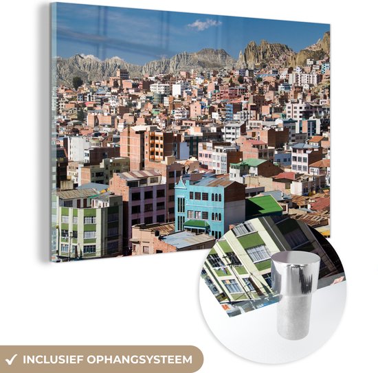 MuchoWow® Glasschilderij 60x40 cm - Schilderij acrylglas - Uitzicht op de Boliviaanse stad La paz - Foto op glas - Schilderijen
