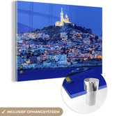 MuchoWow® Glasschilderij 90x60 cm - Schilderij acrylglas - Nacht - Marseille - Frankrijk - Foto op glas - Schilderijen