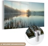 MuchoWow® Glasschilderij 120x60 cm - Schilderij acrylglas - Zonsopkomst bij het meer - Foto op glas - Schilderijen