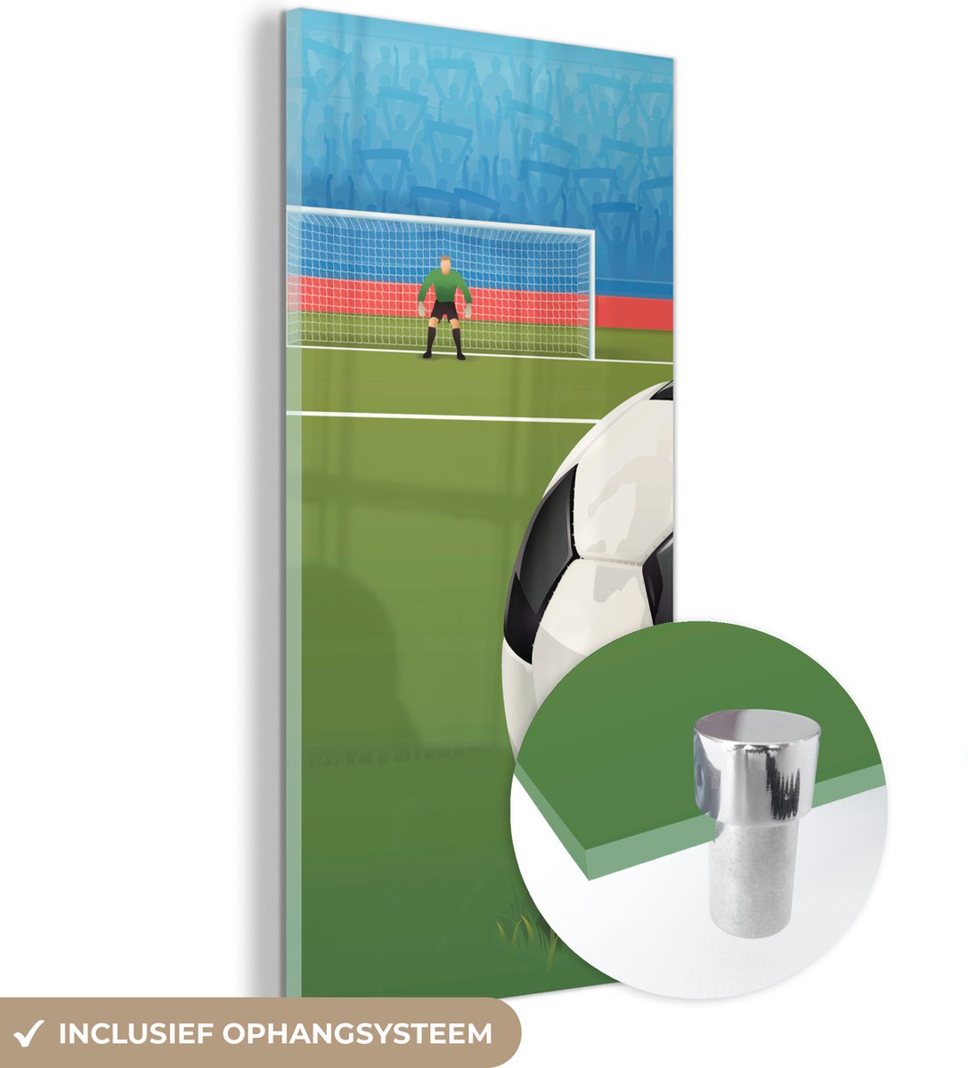 ® Glasschilderij 20x40 cm - Schilderij acrylglas - Een illustratie van een voetbal op het veld in het stadion - Jongens - Meiden - Kids - Foto op glas - Muurdecoratie woonkamer - Wanddecoratie slaapkamer - Schilderijen