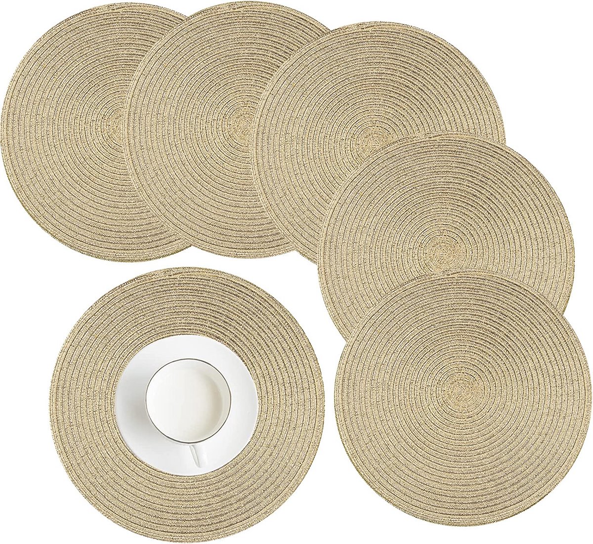 Set van 6 ronde wasbare placemats gevlochten katoenen placemats 38 cm hittebestendige... bol