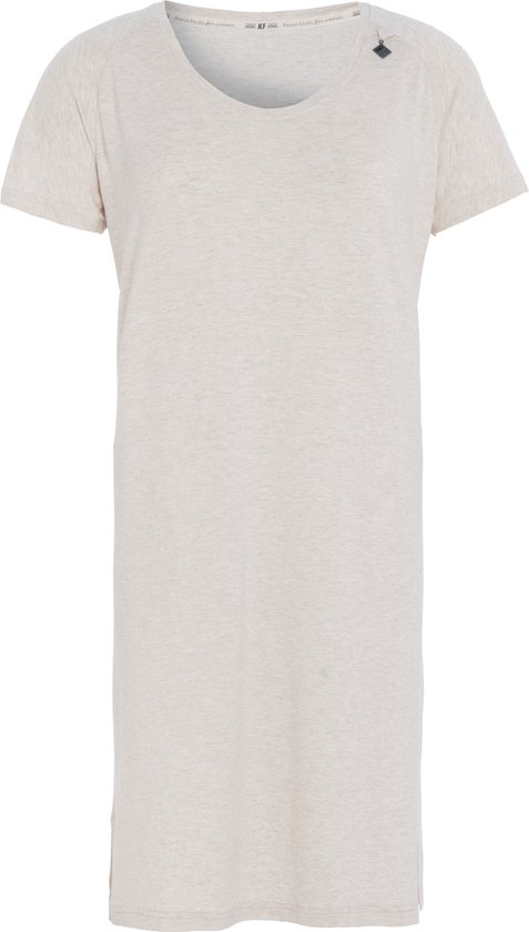 Knit Factory Lily Jurk - Dames midi-jurk met ronde hals - Rechte jurk - Korte mouwen - Jurk voor het voorjaar en de zomer - Beige - L