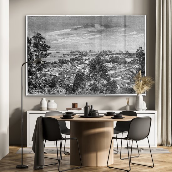 MuchoWow® Peinture sur verre 180x120 cm - Peinture sur verre acrylique - Illustration Zwart et blanc de Yokohama au Japon - Photo sur verre - Peintures