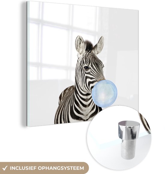 MuchoWow® Glasschilderij 50x50 cm - Schilderij acrylglas - Zebra - Wilde dieren - Jongens - Kauwgom - Blauw - Kind - Foto op glas - Schilderijen