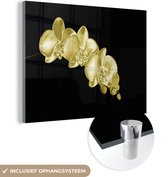 MuchoWow® Glasschilderij 120x90 cm - Schilderij acrylglas - De gekleurde orchideeën tegen de zwarte achtergrond - Foto op glas - Schilderijen
