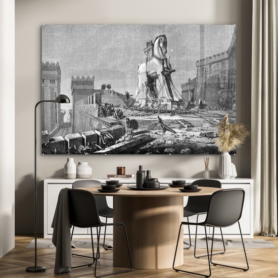 MuchoWow® Peinture sur verre 150x100 cm - Peinture sur verre acrylique - Une illustration antique en noir et blanc du cheval de Troie - Photo sur verre - Peintures