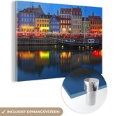 MuchoWow® Glasschilderij 120x80 cm - Schilderij acrylglas - Het Deense Nyhavn bij nacht - Foto op glas - Schilderijen