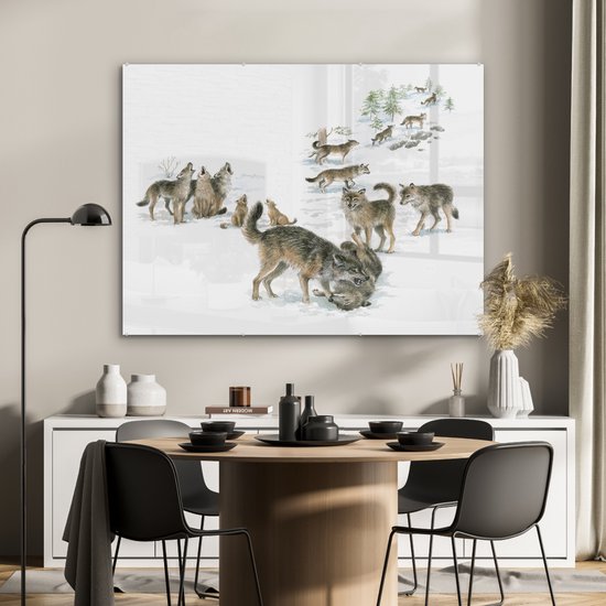 MuchoWow® Peinture sur verre 120x90 cm - Peinture sur verre acrylique - Loups - Neige - Hiver - Photo sur verre - Peintures