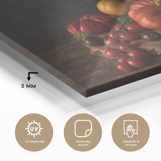 MuchoWow® Peinture sur verre 160x120 cm - Peinture sur verre acrylique - Nature morte - Tomates - Basilic - Tableau - Végétal - Zwart - Photo sur verre - Peintures