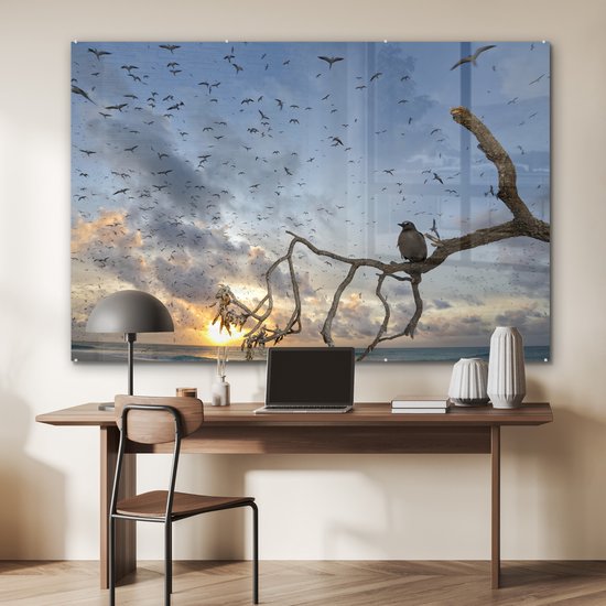MuchoWow® Peinture sur verre 150x100 cm - Peinture sur verre acrylique - Vogel sur branche - Photo sur verre - Peintures