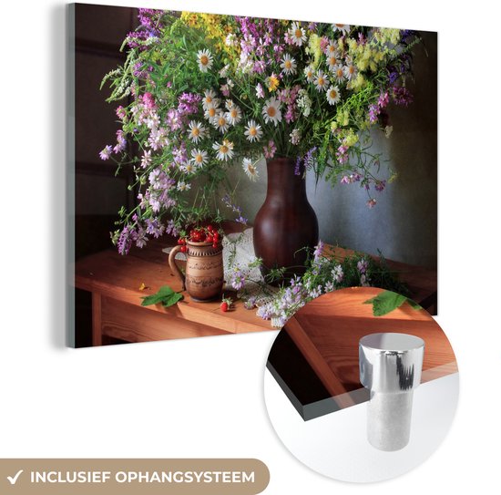 MuchoWow® Glasschilderij 180x120 cm - Schilderij acrylglas - Bloemen - Tafel - Stilleven - Boeket - Vaas - Foto op glas - Muurdecoratie woonkamer - Wanddecoratie slaapkamer - Schilderijen