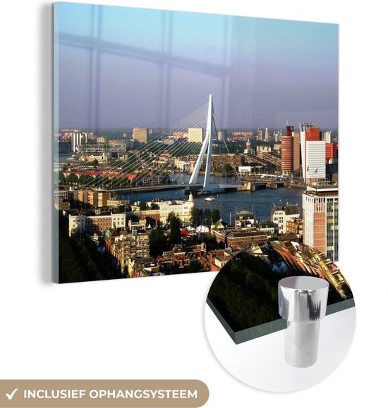 MuchoWow® Glasschilderij 120x90 cm - Schilderij acrylglas - Luchtfoto van de Erasmusbrug in Rotterdam - Foto op glas - Schilderijen