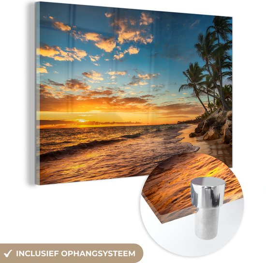 Glasschilderij - Schilderij zee - Strand - Horizon - Palmboom - Zee - Landschap - 60x40 cm - Acrylglas - Kamer decoratie - Foto op glas - Glazen schilderij