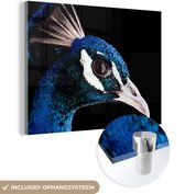 MuchoWow® Glasschilderij 40x30 cm - Schilderij acrylglas - Pauw - Dier - Blauw - Foto op glas - Schilderijen