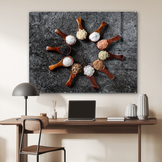 MuchoWow® Peinture sur verre 120x90 cm - Peinture sur verre acrylique - Cuillère - Herbes - Épices - Cuisine - Industriel - Photo sur verre - Peintures