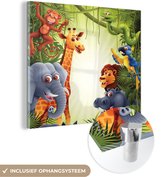 MuchoWow® Glasschilderij 20x20 cm - Schilderij acrylglas - Jungle - Jongens - Meiden - Baby - Olifant - Leeuw - Giraf - Foto op glas - Schilderijen