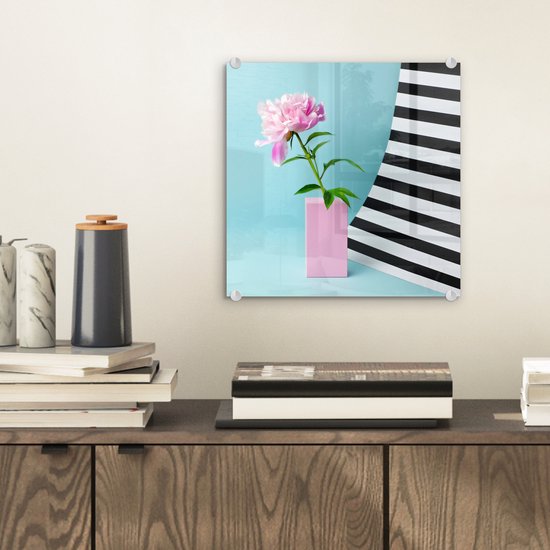 MuchoWow® Peinture sur verre 20x20 cm - Peinture sur verre acrylique - Pivoine rose sur fond bleu - Photo sur verre - Peintures