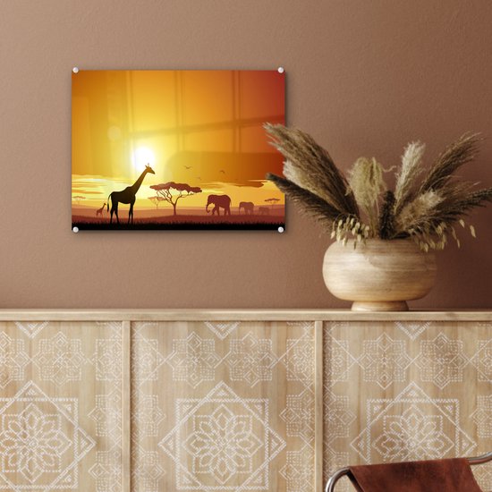 ® Glasschilderij 40x30 cm - Schilderij acrylglas - Illustratie van een Afrikaanse zonsondergang met een giraffe en olifant - Foto op glas - Muurdecoratie woonkamer - Wanddecoratie slaapkamer - Schilderijen