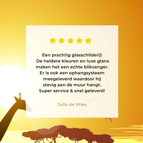 ® Glasschilderij 40x30 cm - Schilderij acrylglas - Illustratie van een Afrikaanse zonsondergang met een giraffe en olifant - Foto op glas - Muurdecoratie woonkamer - Wanddecoratie slaapkamer - Schilderijen