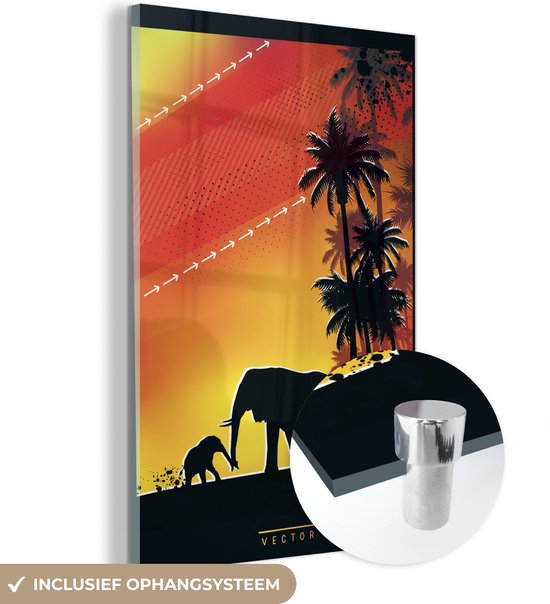 MuchoWow® Glasschilderij 40x60 cm - Schilderij acrylglas - Een illustratie van een olifant en haar kalf tijdens een zonsondergang - Foto op glas - Schilderijen