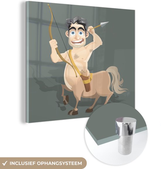 MuchoWow® Glasschilderij 90x90 cm - Schilderij acrylglas - Een cartoonillustratie van een centaur met een pijl en boog - Foto op glas - Schilderijen