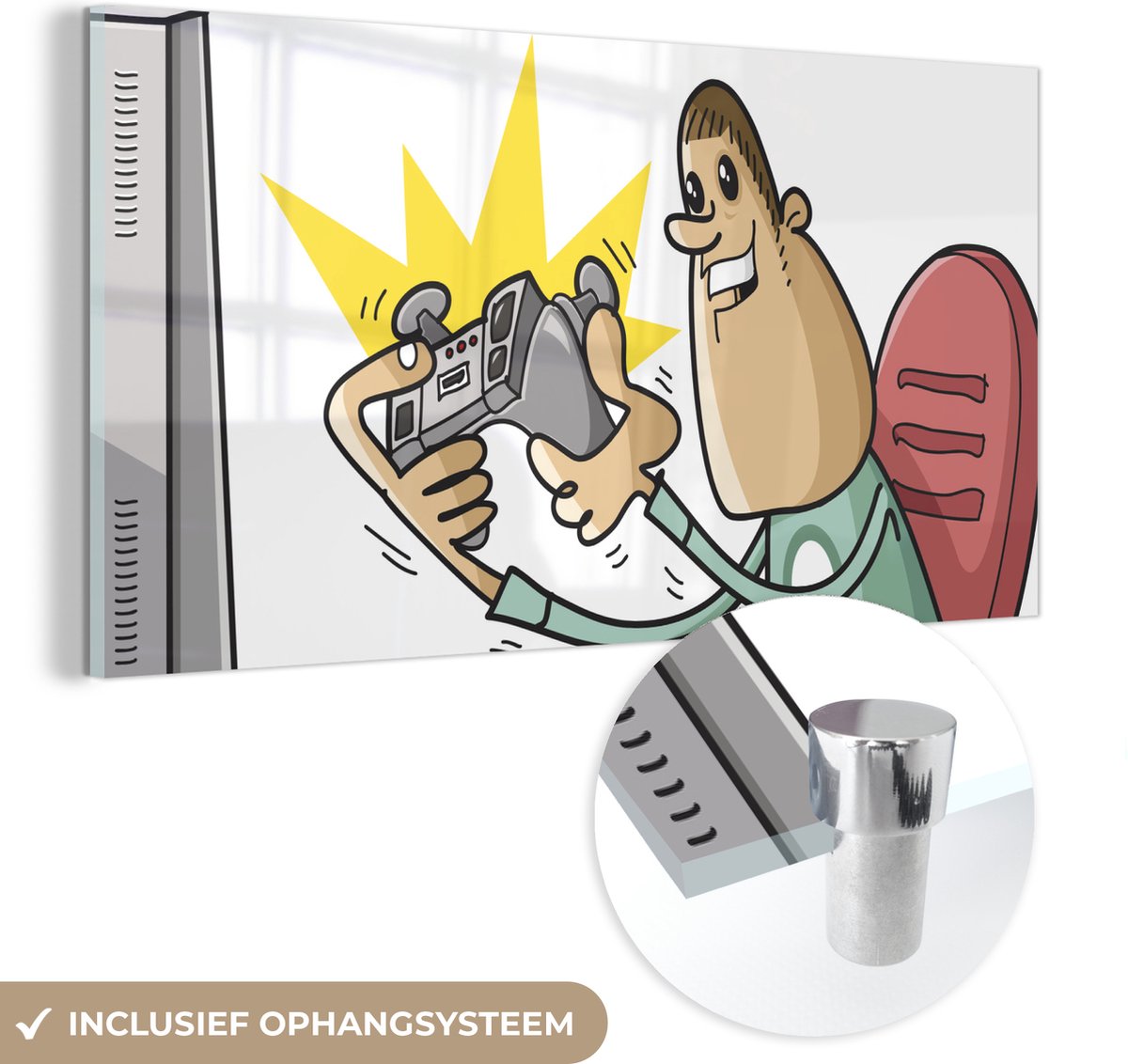 ® Glasschilderij 160x80 cm - Schilderij acrylglas - Gamer - Controller - Stoel - Illustratie - Foto op glas - Muurdecoratie woonkamer - Wanddecoratie slaapkamer - Schilderijen