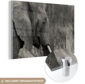 MuchoWow® Glasschilderij 120x80 cm - Schilderij acrylglas - Olifant - Dieren - Zwart - Wit - Foto op glas - Schilderijen