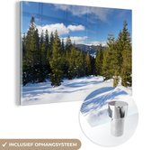 MuchoWow® Glasschilderij 120x80 cm - Schilderij acrylglas - Winterlandschap met naaldbomen - Foto op glas - Schilderijen