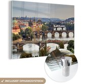 MuchoWow® Glasschilderij 30x20 cm - Schilderij acrylglas - Stad - Praag - Bruggen - Foto op glas - Schilderijen