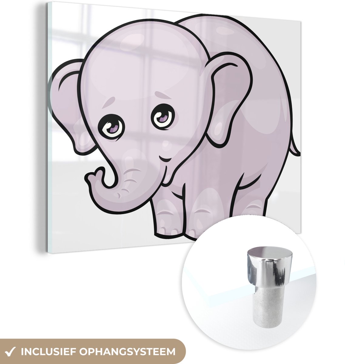 ® Glasschilderij 40x30 cm - Schilderij acrylglas - Een cartoon illustratie van een baby olifant - Foto op glas - Muurdecoratie woonkamer - Wanddecoratie slaapkamer - Schilderijen