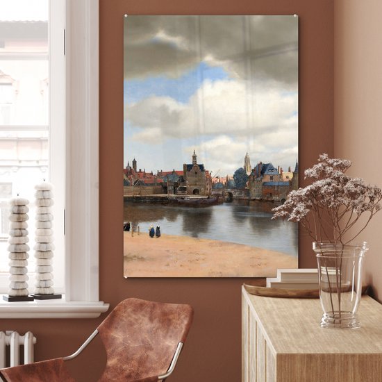 ® Glasschilderij 80x120 cm - Schilderij acrylglas - Gezicht op Delft - Schilderij van Johannes Vermeer - Foto op glas - Muurdecoratie woonkamer - Wanddecoratie slaapkamer - Schilderijen
