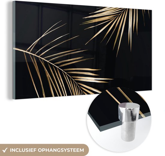 Foto: Glasschilderij bladeren goud luxe planten foto op glas kamer decoratie glasschilderijen glasplaat schilderij glas 120x60 cm woonkamer slaapkamer decoratie